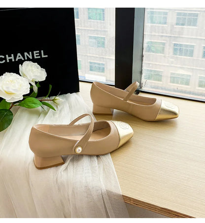 Fashion Mary Jane Women's Shoes 3cm Wide Heel Pumps Embroidered Flowers Pearl Buckle Strap Mary Jane Shoes Luxury Leather Heels