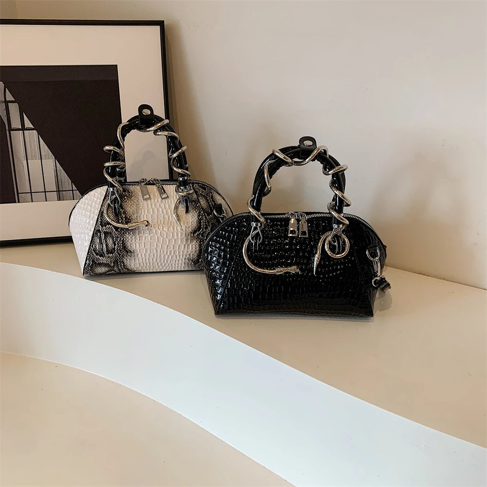 Crocodile Pattern Top-handle Shell Bag With Snake Hardware Wild Shoulder Crossbody Handbags MOODS Designer Luxury Bags For Women