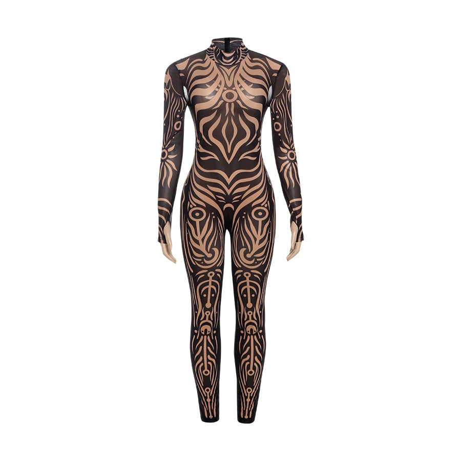 Sisterlinda Sexy Fashion Print Jumpsuits Woman Turtleneck Full Sleeve See Through Skinny Peach Hip Street Wild Style Overalls