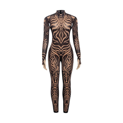 Sisterlinda Sexy Fashion Print Jumpsuits Woman Turtleneck Full Sleeve See Through Skinny Peach Hip Street Wild Style Overalls