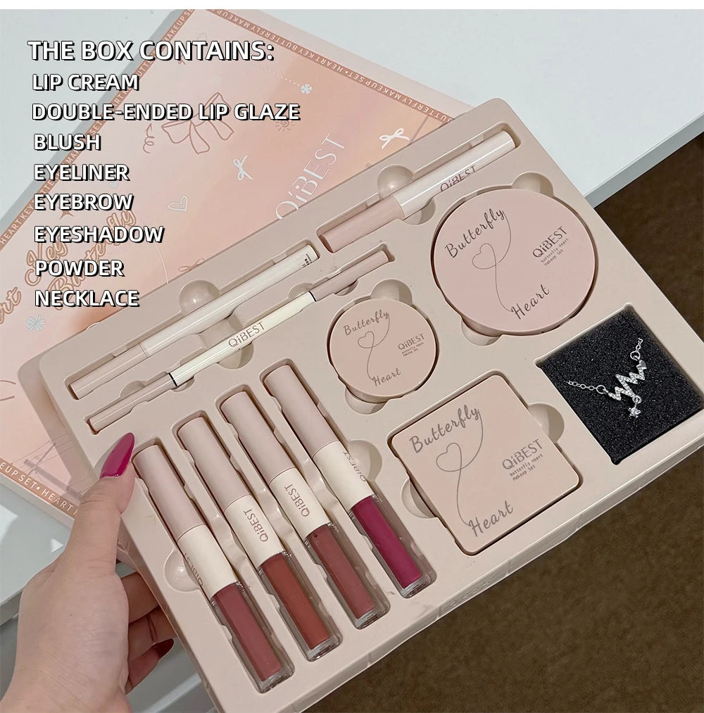 Makeup Gift Box Butterfly Bow Heart Limited Lipstick Powder Blush Eyeshadow Makeup Gift Box Set and Necklace Gifts for Women