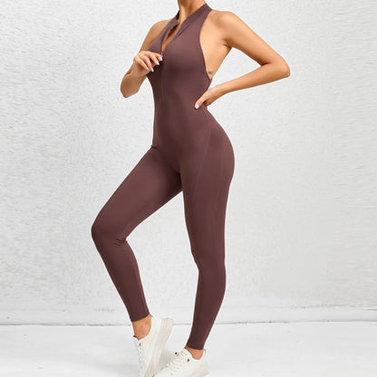Sexy Hollow Backless Bodycon Scrunch Sport Jumpsuit Raises Butt Woman One Piece Gym Set Sleeveless Zipper Yoga Fitness Overalls