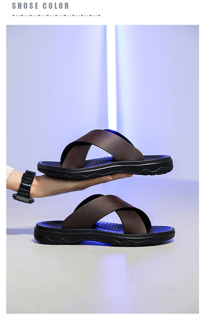 Mens Leather Slippers Comfortable Breathable Summer Big Size Sandals for Men with Soft Sole