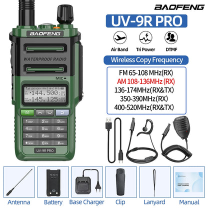 Baofeng UV-9R PRO Walkie Talkie IP68 Waterproof Full Band Wireless Copy Frequency 128CH AM FM Type-C Long Range Two Way Radio