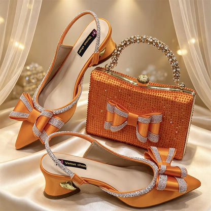 Elegant Gold Satin Rhinestone Bow Slingback Heel & Clutch Bag Set, Women Bridal Matching Kit For Wedding Party Evening Prom Form