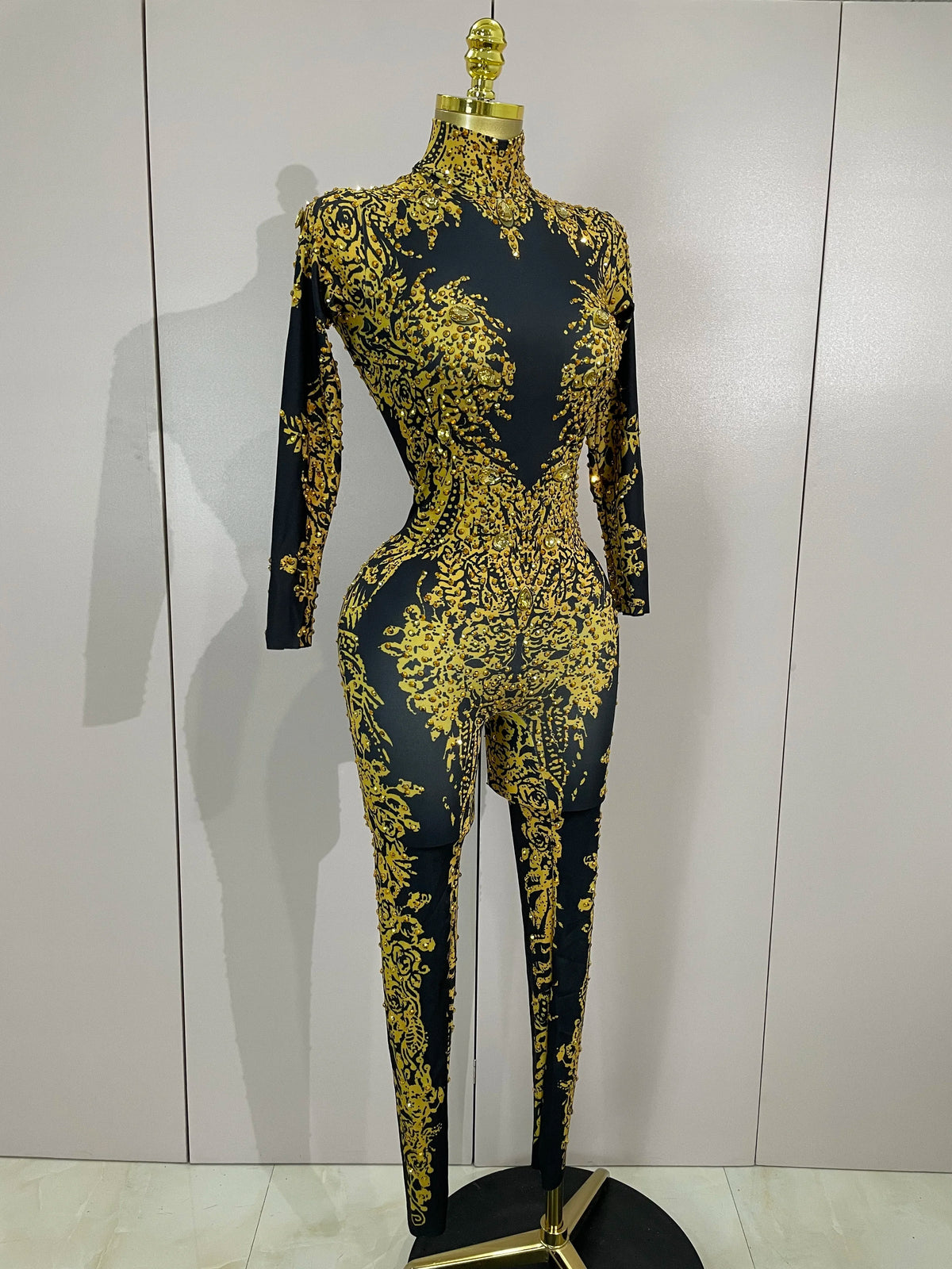 Luxury Sparkly Diamonds Print Long Sleeves Stretch Jumpsuit Evning Party Dancer Nightclub Bar DJ Sexy Stage Performance Costumes
