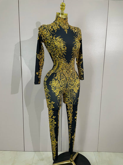 Luxury Sparkly Diamonds Print Long Sleeves Stretch Jumpsuit Evning Party Dancer Nightclub Bar DJ Sexy Stage Performance Costumes