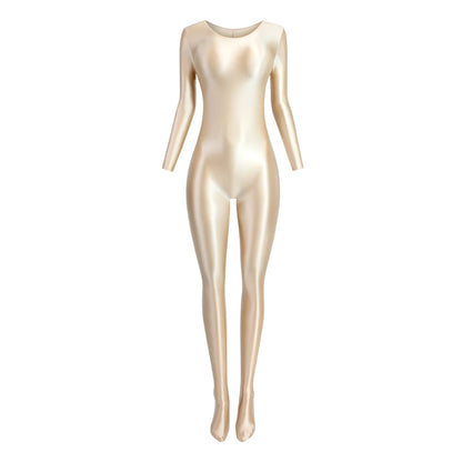 MJINM Women Smooth Overalls Long Sleeve Tights Round Neck Full Length Stretch Zentai Bodysuits Yoga Fitness One Piece Jumpsuits
