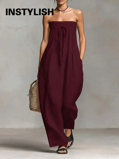Women Strapless Wide Leg Jumpsuit Casual Cotton Linen Tube Top Romper Summer Beach Long Pants with Pockets Vacation Overalls
