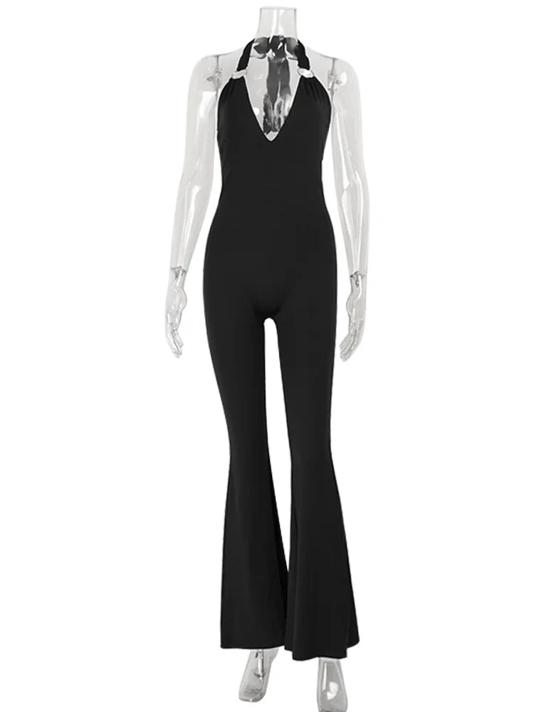 CNYISHE Deep V Neck Halter Backless Solid ELegant Women Jumpsuits Sheath Trendy Chic Hot Girl Bodysuits Long Pants Sexy Club