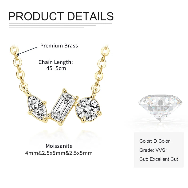 Rrjzz Three Stone D-Color Full Moissanite Pendant Necklace for Women Marquise Emerald Round Cut Necklace Birthday Jewelry Gifts