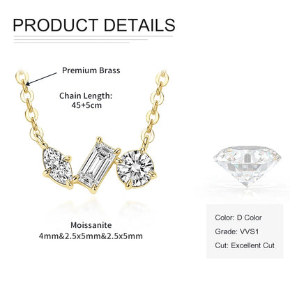 Rrjzz Three Stone D-Color Full Moissanite Pendant Necklace for Women Marquise Emerald Round Cut Necklace Birthday Jewelry Gifts