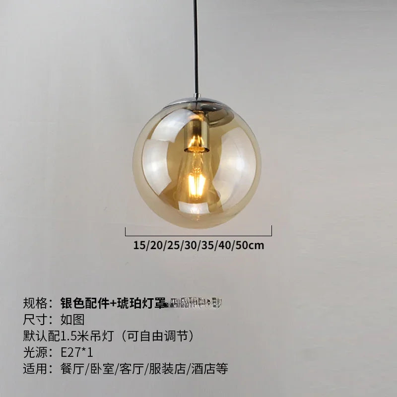 Modern Simple Glass Chandelier Bar Counter Restaurant Gold Hanging Lights Silver Metal Amber Ashtray Ball Glass Suspension Lamp