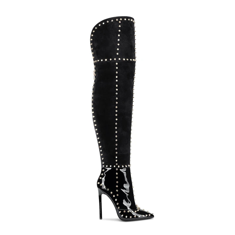 Sexy Green Blue Suede Gold Studs Women Over The Knee Boots Ladies High Heel Thick Slip On Point Toe Rivets Motorcycle Botas