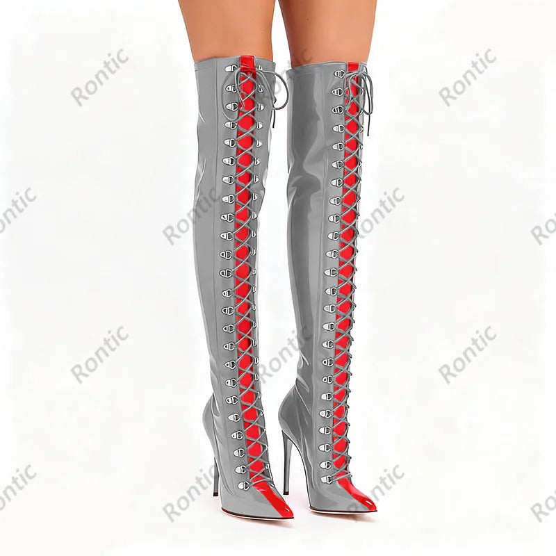 Rontic Custom Crafted Blue Thigh High Boots Stiletto Heel Design Red Detail Laces Pointed Toe Patent Leather Artisan Size 5-15