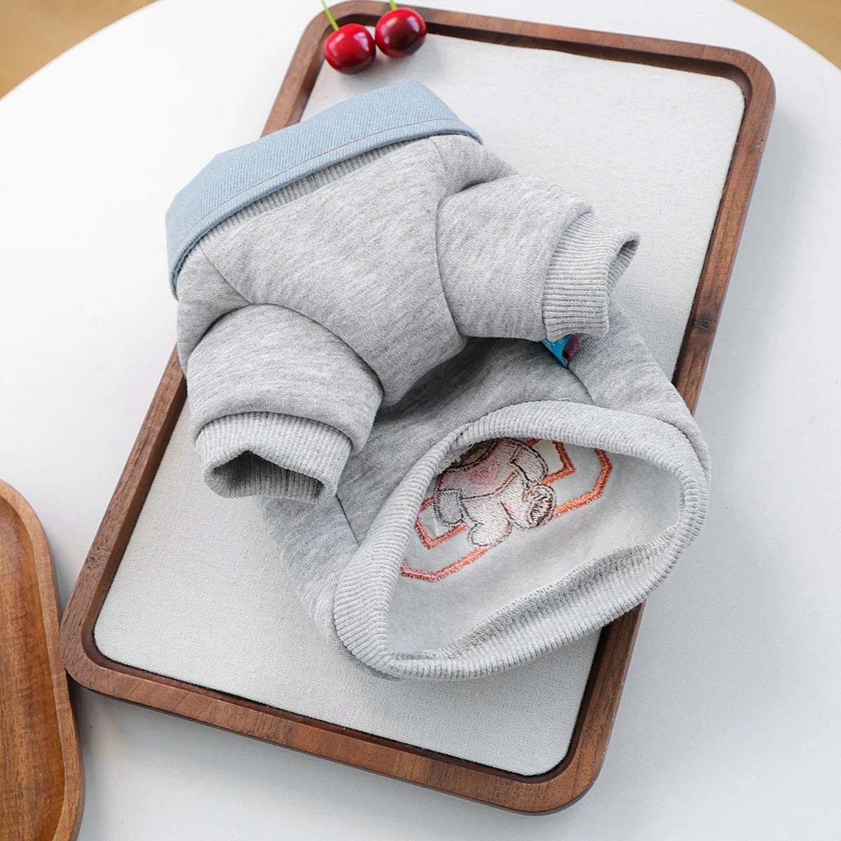 Preppy Bear Pet Sweatshirt, Gray with Denim Collar, Embroidery, D-Ring Included, Pullover Two-Legged Outfit for Small Dogs &Cats