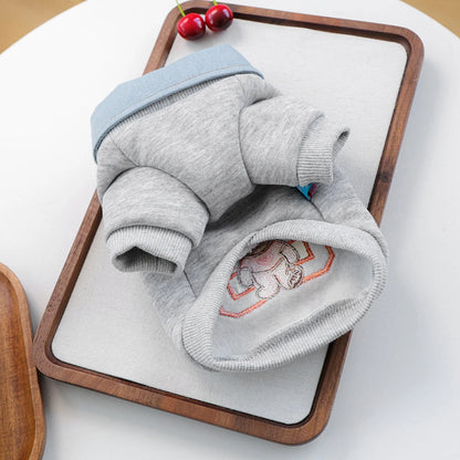 Preppy Bear Pet Sweatshirt, Gray with Denim Collar, Embroidery, D-Ring Included, Pullover Two-Legged Outfit for Small Dogs &Cats