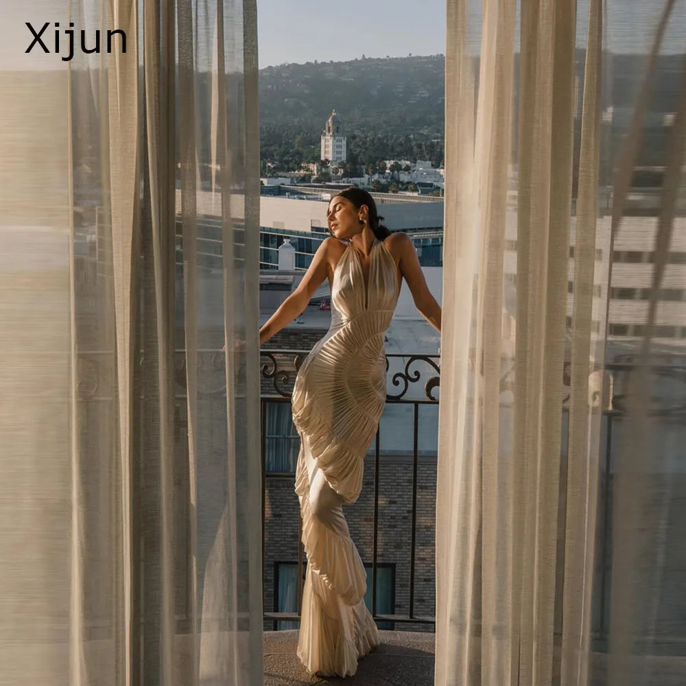 Xijun Sexy Ivory Memaid Evening Dresses Pleated Sleeveless Modern Prom Dresses Backless Formal Halter Long Prom Gowns Customized