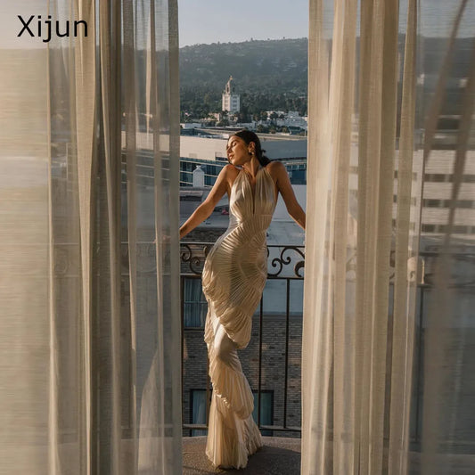 Xijun Sexy Ivory Memaid Evening Dresses Pleated Sleeveless Modern Prom Dresses Backless Formal Halter Long Prom Gowns Customized