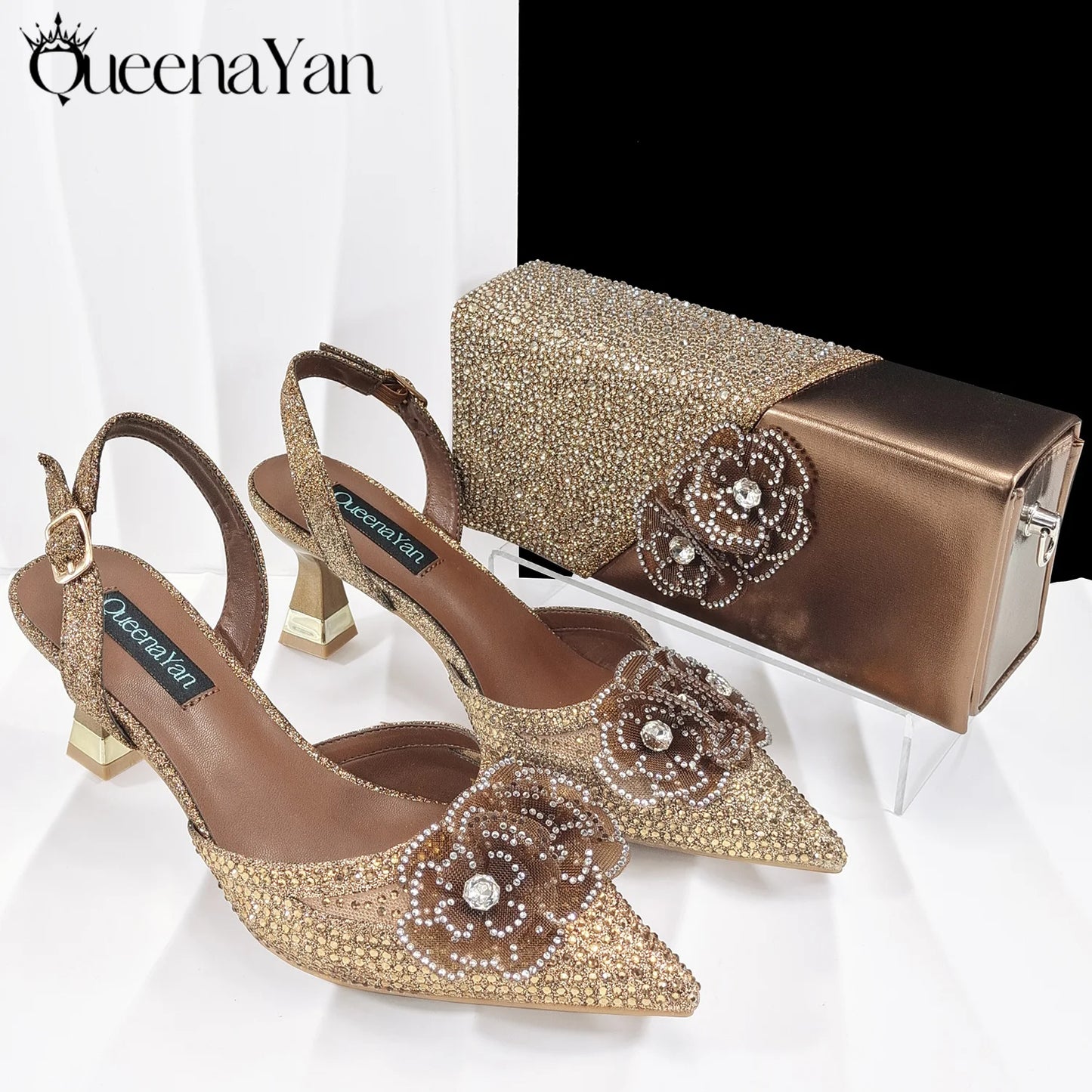 QueenaYan Elegant African-Inspired Evening Shoes and Handmade Clutch Set Pointed Toe High-Heel Women's Footwear and Matching Bag