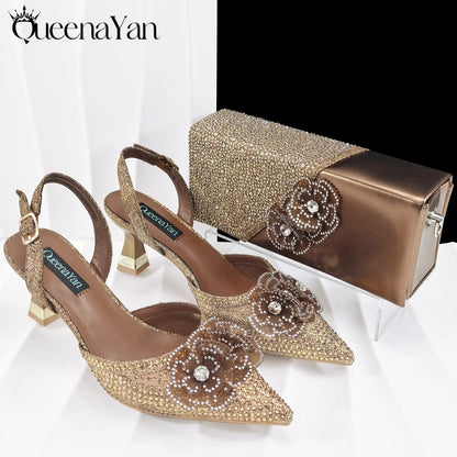 QueenaYan Elegant African-Inspired Evening Shoes and Handmade Clutch Set Pointed Toe High-Heel Women's Footwear and Matching Bag