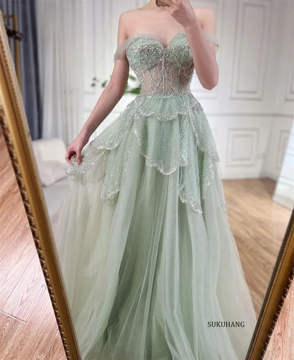 SUKUHANG Handmade Evening Dresses Layer Beaded Tulle Evening Dresses Off the Shoulder A-Line Prom Dresses Customized