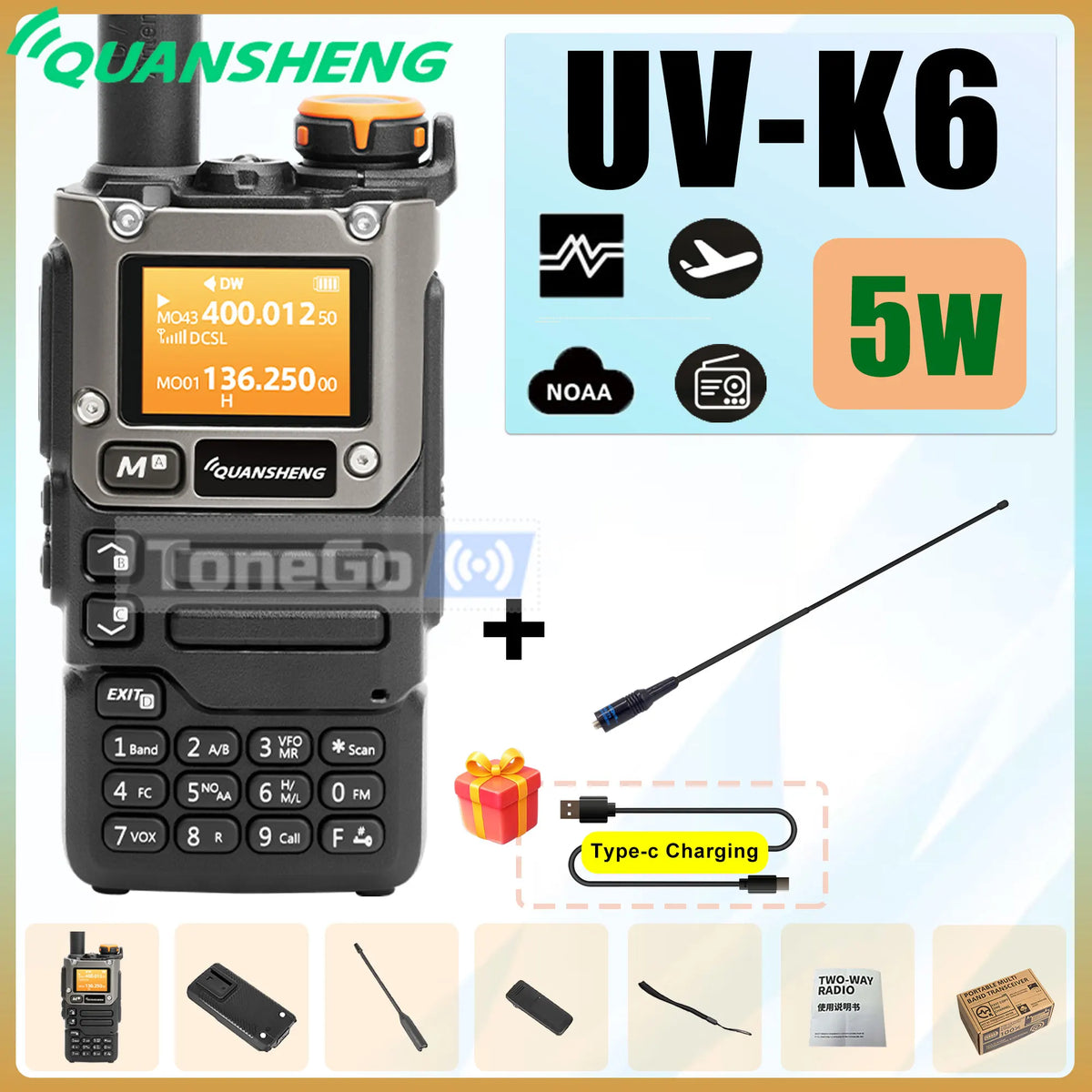 Quansheng UV-K6 Walkie Talkie 5W AM FM 50-600MHz USB-C Direct Charge NOAA Weather Multi Band UV-K58 UV-K5(8) Two Way Radio