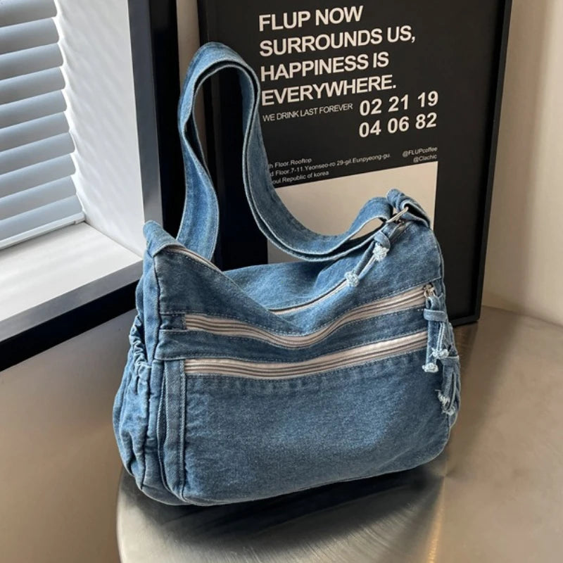 Vintage Denim Women's Shoulder Bag Large Capacity Messenger Bag Multi-pockets Satchel Bags Adjustable Strap Ladies Crossbody Bag