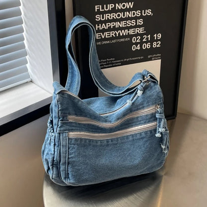 Vintage Denim Women's Shoulder Bag Large Capacity Messenger Bag Multi-pockets Satchel Bags Adjustable Strap Ladies Crossbody Bag