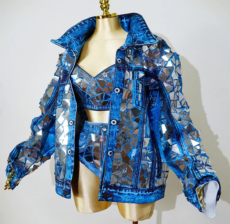 Blue Cowboy Mirror Jacket Women Shiny Stage Performance Costume Party Dance Nightclub Rave Singer DJ Hip Hop Dance Outfit