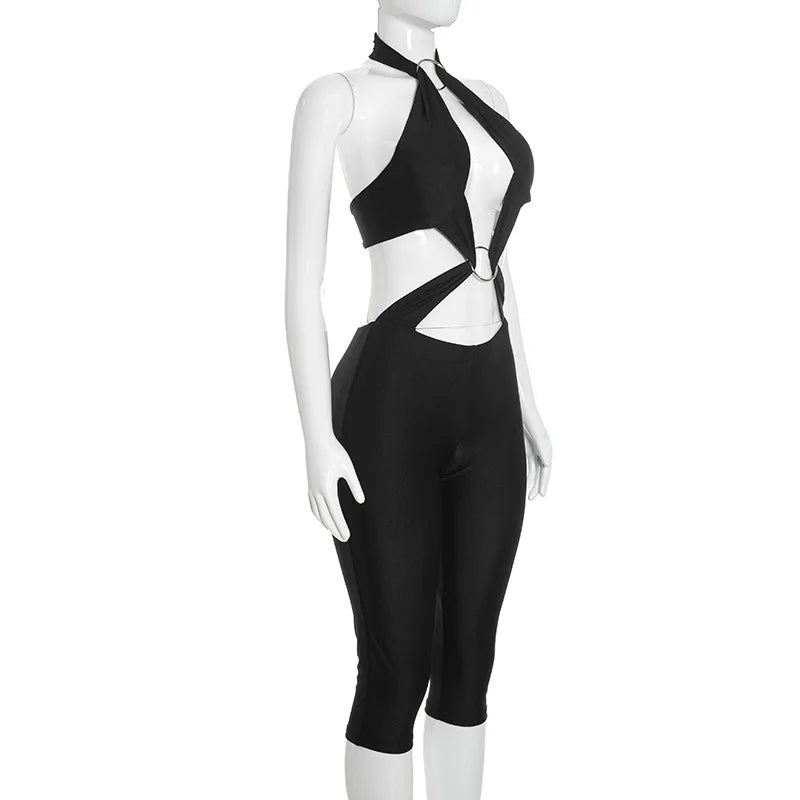 Stylish Lady Halter Jumpsuit Women Metal Ring Cutout Splicing Bodycon Capri Jumpsuit Backless Hollow Out Slim Club Party Romper