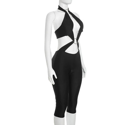 Stylish Lady Halter Jumpsuit Women Metal Ring Cutout Splicing Bodycon Capri Jumpsuit Backless Hollow Out Slim Club Party Romper