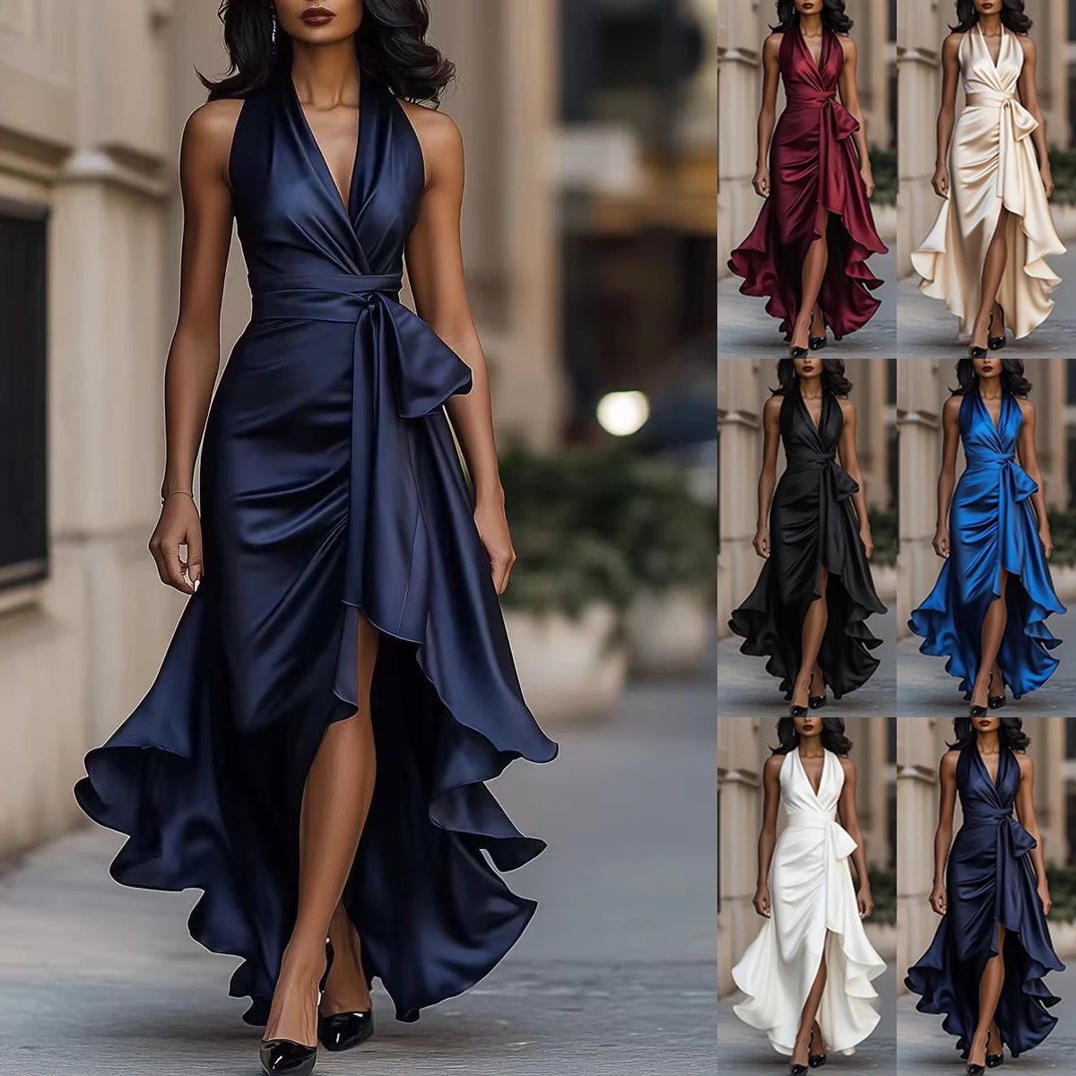 Women's Deep V-Neck Ruffled Evening Gowns Solid Lace-Up High Waist Satin Party Dresses Elegant Temperament Wedding Guests Dress