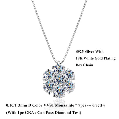 Luxu Flower Full 3/4/5mm D Color Moissanite Pendant Necklace for Woman Man 925 Silver GRA Certified 7-Stone Diamond Neck Chain