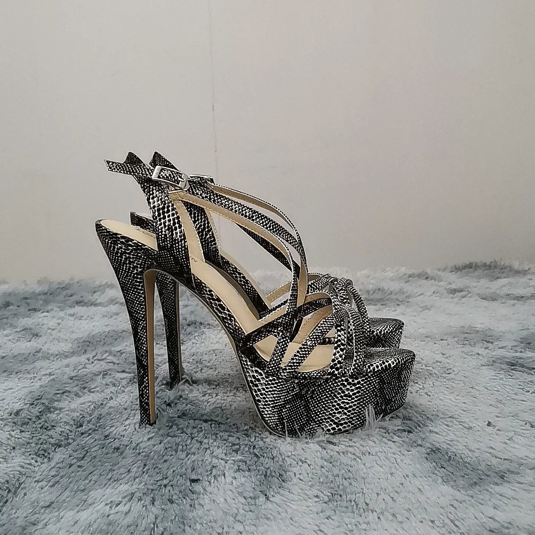 Women Sandals Catwalk Shows 14CM Open Toe Platform High Heels Snake Pattern Stilettos Sexy Ankle Strap Gladiator Party Shoes