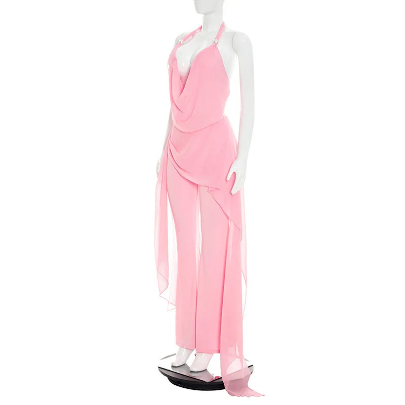 Sexy Chiffon Jumpsuits Women Backless Halter Club Party Summer Rompers Bodycon Fashion Sleeveless V Neck Overalls Beach Vacation