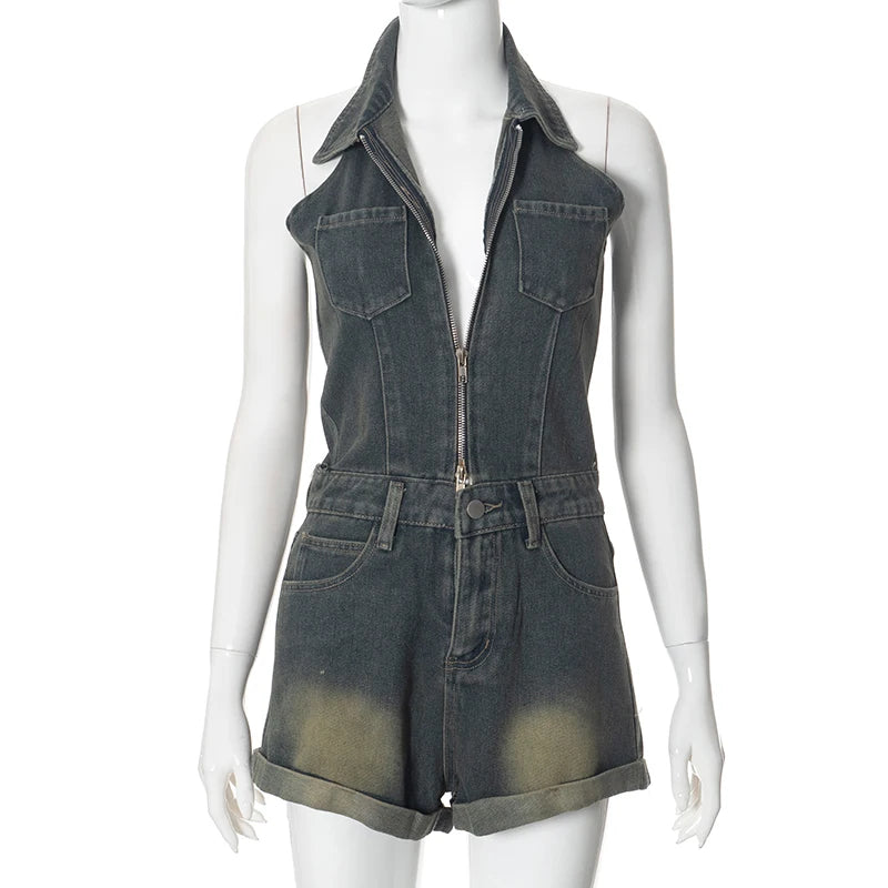 Sexy Blue Lapel Deep V Zipper Jumpsuit For Women Sleeveless Backless High Waist Hemmed Shorts Leisure Party Club Denim Jumpsuit