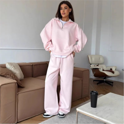 Women 2 Piece Tracksuit Solid Pocket Half Zip Sweatshirt And Jogger Pants Set Autumn Winter Pullover Casual Sports Outfits