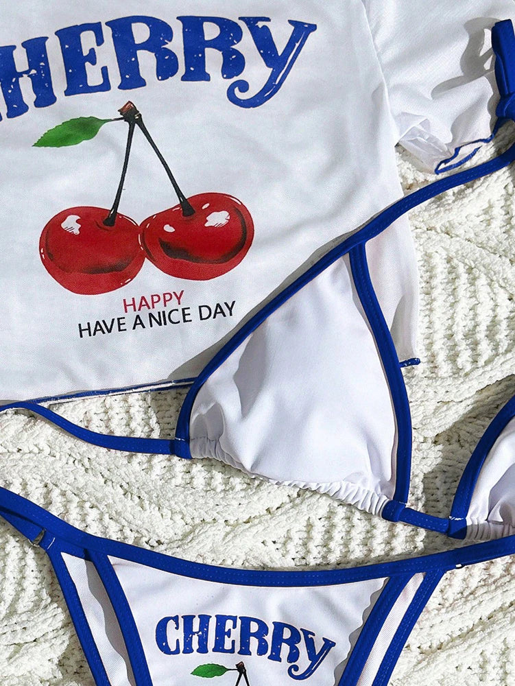 Cute Halter Bikini 3 Pieces Cherry Print 2026 Sexy & Fresh Feeling Bathing Suit Three-Piece Swimsuit Dark Blue Beach Swimwear