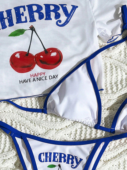 Cute Halter Bikini 3 Pieces Cherry Print 2026 Sexy & Fresh Feeling Bathing Suit Three-Piece Swimsuit Dark Blue Beach Swimwear