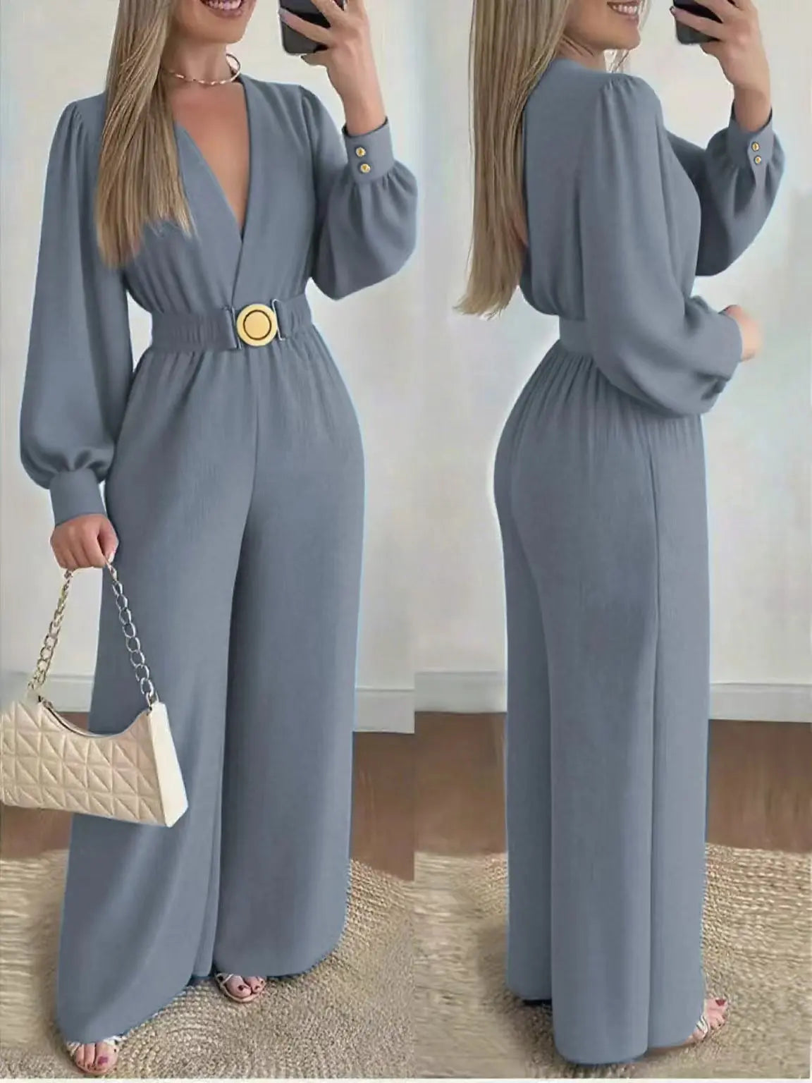 Fashion Commuting Jumpsuits Belt Lace Up Wide Legger Romper Casual Long Sleeve Women's Autumn Elegant V neck Solid Long Playsuit
