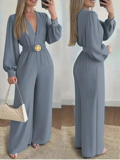 Fashion Commuting Jumpsuits Belt Lace Up Wide Legger Romper Casual Long Sleeve Women's Autumn Elegant V neck Solid Long Playsuit