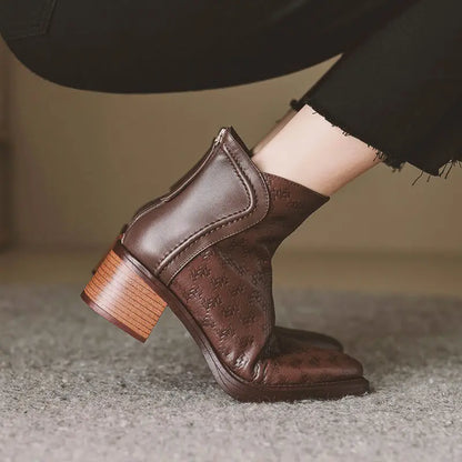 Leather Fleece-Lined Women's Ankle Boots Elegant Luxury Y2k Heeled Female Short Shoes New in Autumn Winter Pointed Toe Booties