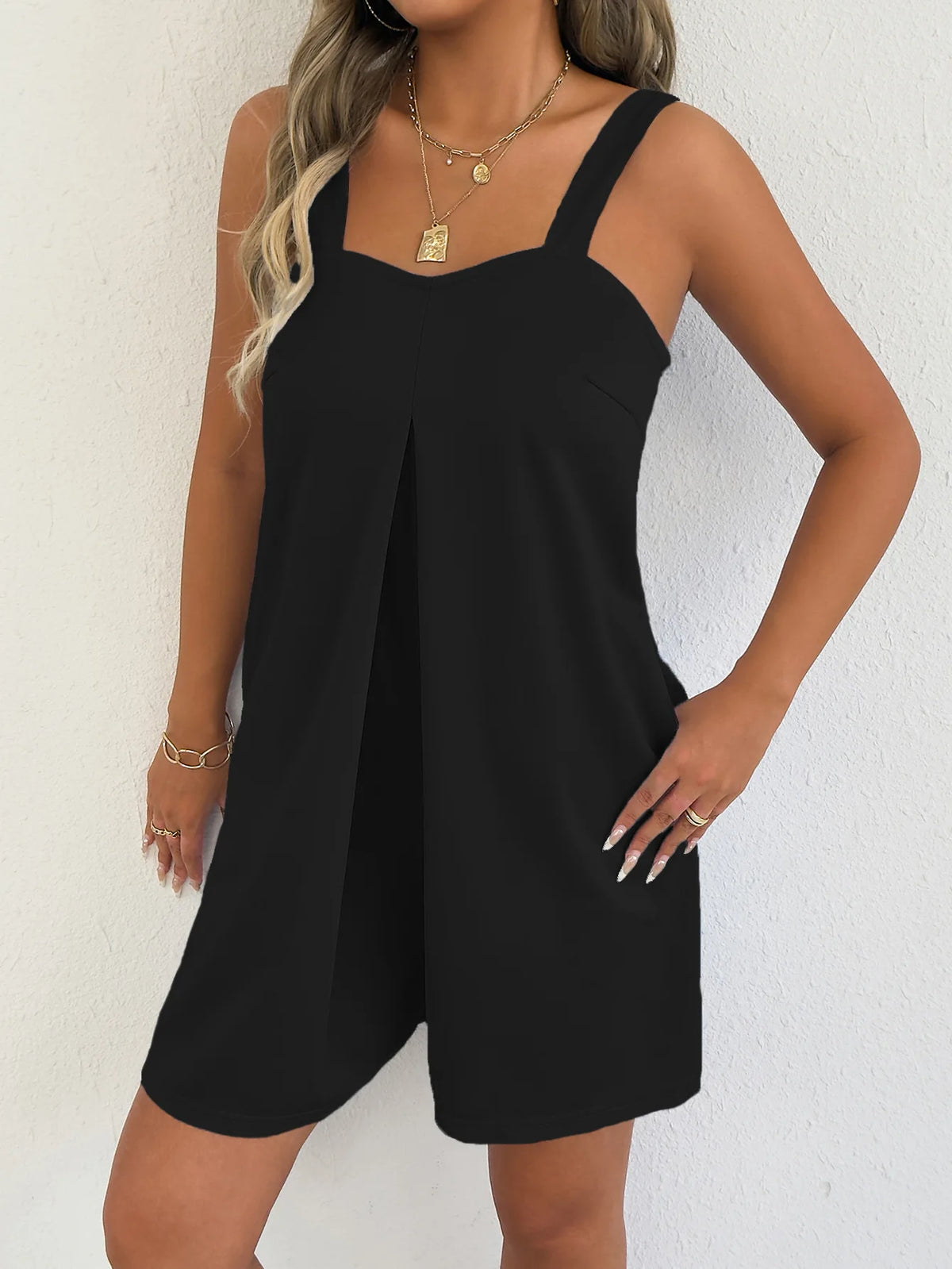Women Sleeveless Strap Short Romper Heart Neck Pleated Wide Leg Jumpsuit With Pockets Loose Summer Casual Beach Vacation Outfit