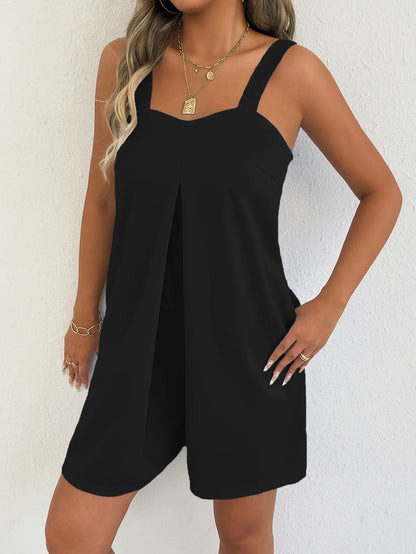 Women Sleeveless Strap Short Romper Heart Neck Pleated Wide Leg Jumpsuit With Pockets Loose Summer Casual Beach Vacation Outfit