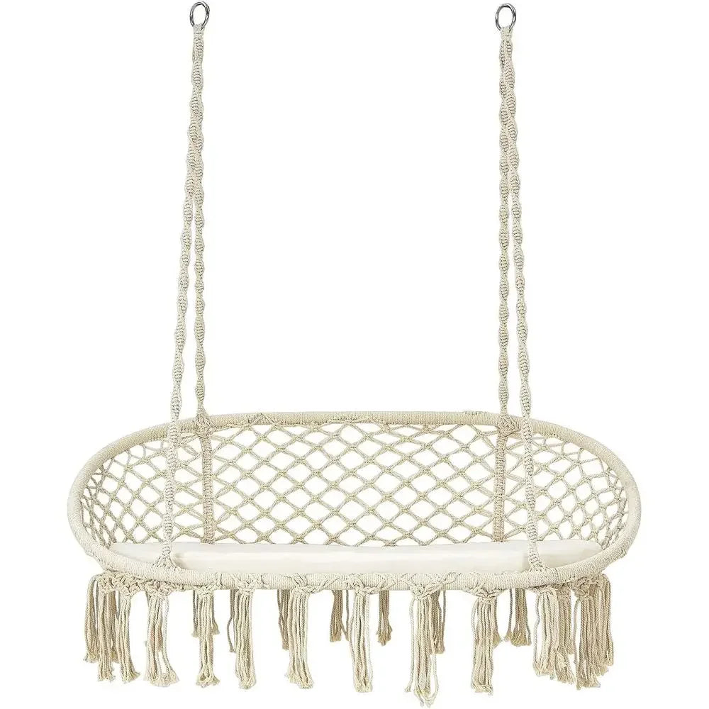 2-Seat Hammock Chair with Cushion, Cotton Ropes, and Metal Stand,440 lbs, Ideal for Indoor or Outdoor Swinging