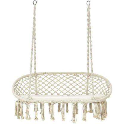2-Seat Hammock Chair with Cushion, Cotton Ropes, and Metal Stand,440 lbs, Ideal for Indoor or Outdoor Swinging