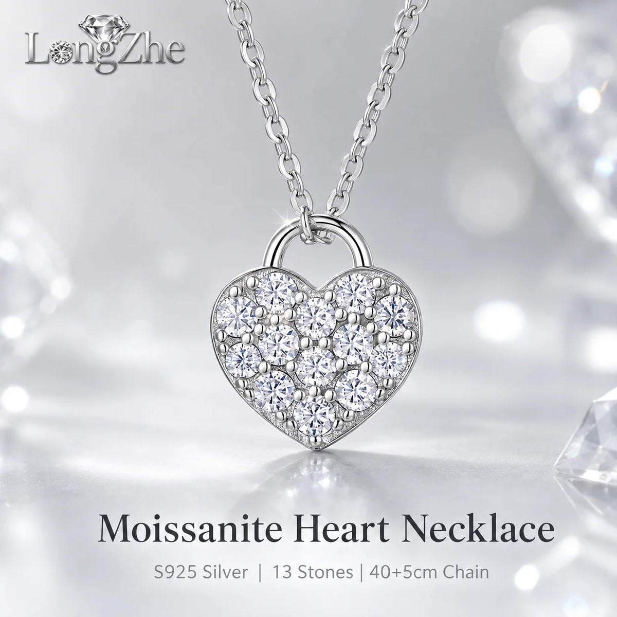 Heart Moissanite Necklace for Women S925 Sterling Silver 13-Stone Love Pendant D Color VVS1 Fine Jewelry Gift GRA Certified