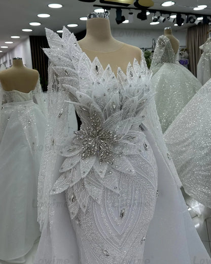 2025 White 2 In 1 Long Prom Dresses Customized Crystals 3D Leaf Arabic Mermaid Wedding Party Dress Engagement Gown Prom Dresses