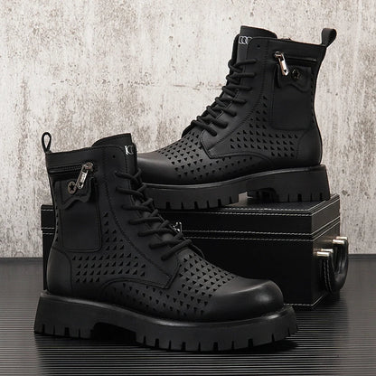 Summer Men's Hollow Ankle Boots Breathable Height-increasing Leather Motorcycle Boots Autumn Men Thick-soled High-top Shoes
